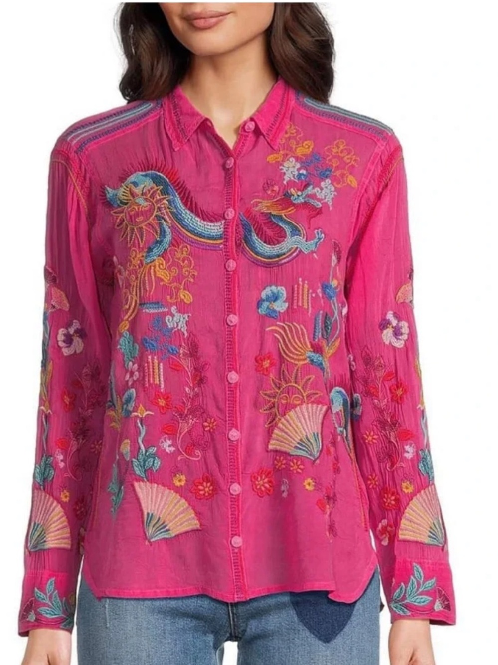 NEW Johnny Was Velouria Embroidered Long Sleeve Button Up Shirt Blouse Top L